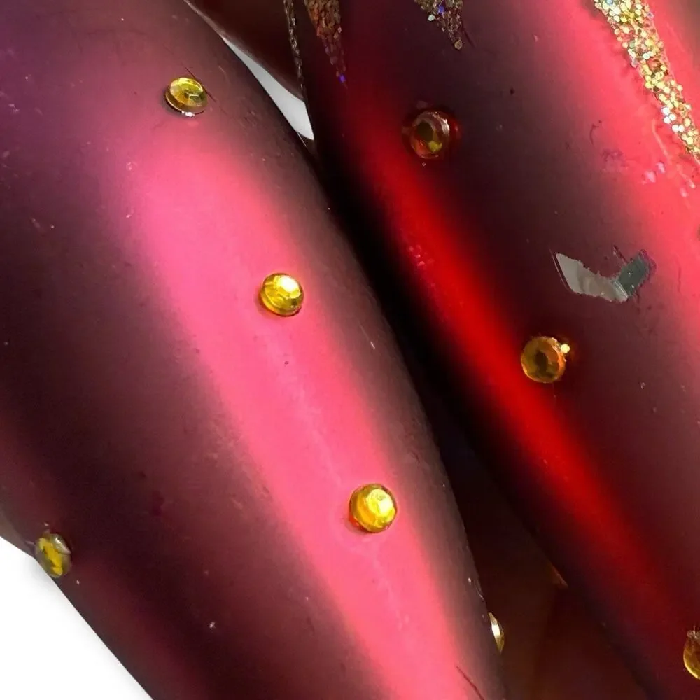 2 VTG Blown Glass Red Gold Glitter Rhinestone Icicle Oblong Christmas Ornaments